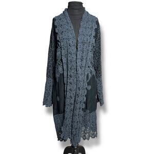 Johnny Was Long Black Embroidered Eyelet Lace Boho Kimono Duster Sz XXL